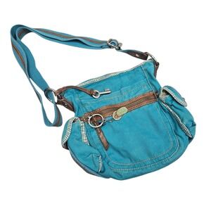 Fossil Turquoise Blue Canvas Crossbody Bag Brown Leather Trim Y2K 90s Key Charm